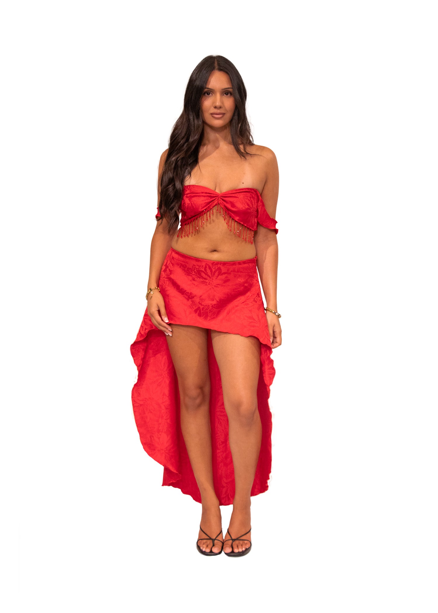 Red bralette set. Beaded bralette top. High low skirt set. Red two piece outfit. Vacation outfit for women. Summer event outfit. Handmade two piece set. Deadstock fashion design.